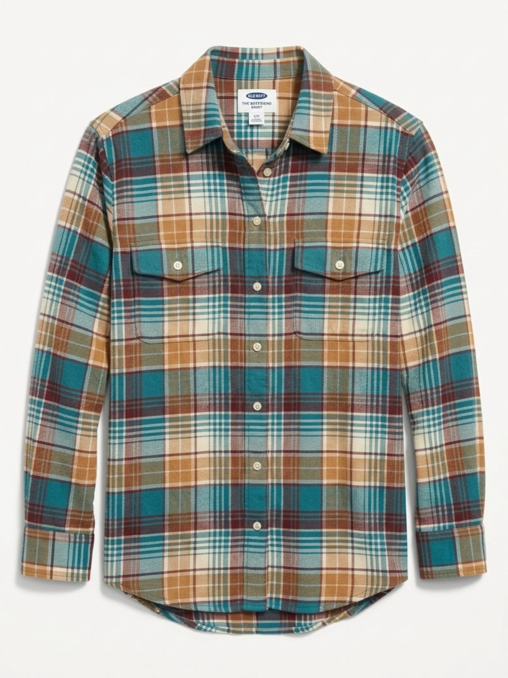 Old Navy The Boyfriend Shirt Plaid Flannel Teal Brown Cream Size Medium - Picture 1 of 3